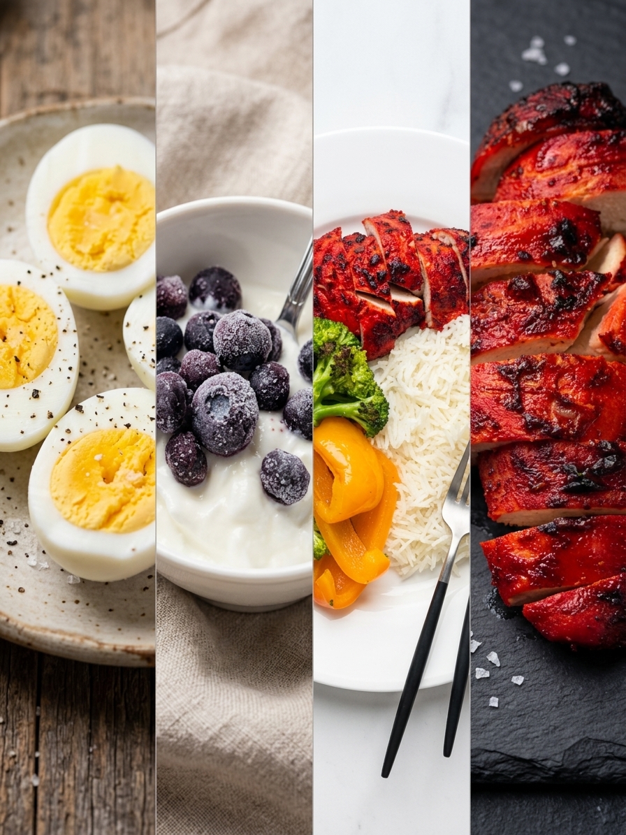 Balanced everyday meals — eggs, yogurt with berries, chicken, rice and vegetables