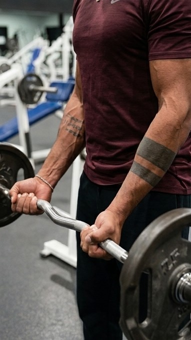 Barbell curl with free weights during an in-gym training session